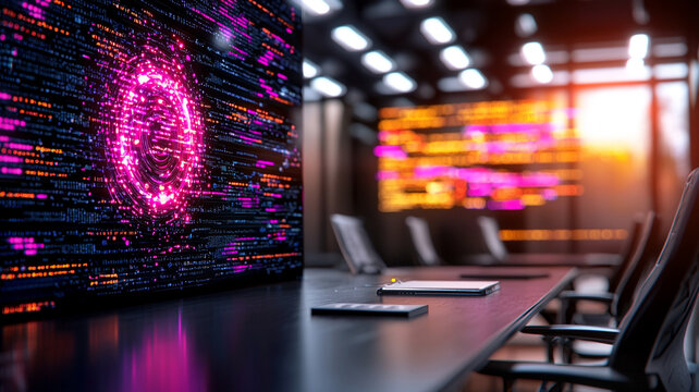 Modern conference room with digital displays showcasing vibrant data visualizations and a warm sunset glow