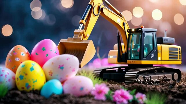 Colorful easter eggs with excavator in background during springtime. Happy Easter