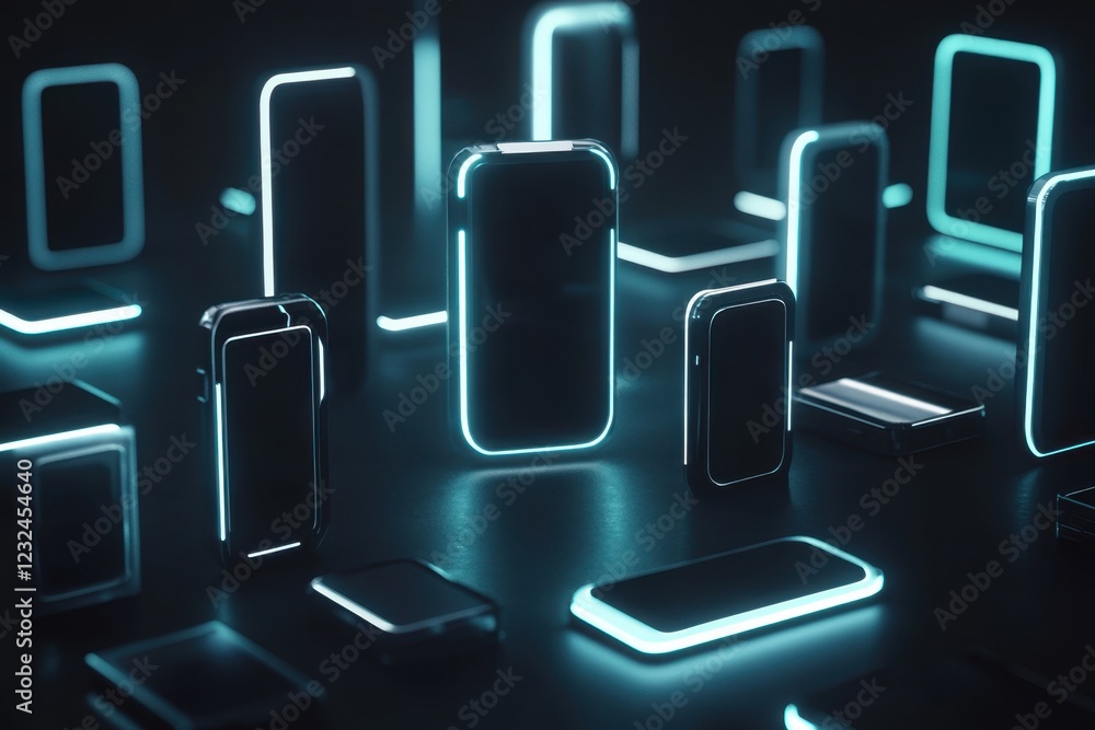 Aufkleber futuristic display of illuminated smartphone models in a tech showroom environment