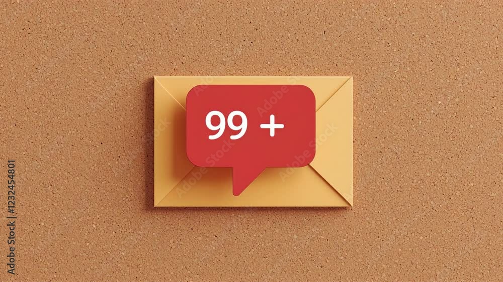 Poster red speech bubble icon on yellow envelope against a textured brown surface ideal for communication c