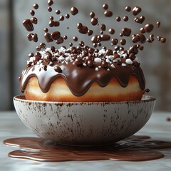 As a white icing-covered donut falls gracefully into a pool of smooth, silky chocolate ganache, it produces a beautifully chaotic explosion of chocolate. This scene is perfect for dessert or sweet