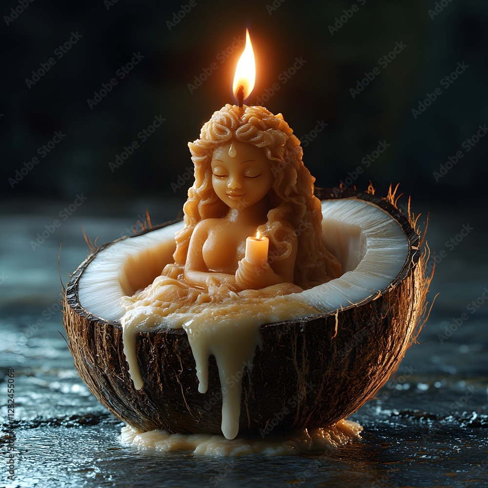 Poster hyperrealistic closeup rendering of a coconut halved vertically with the milk shaped into a woman fi