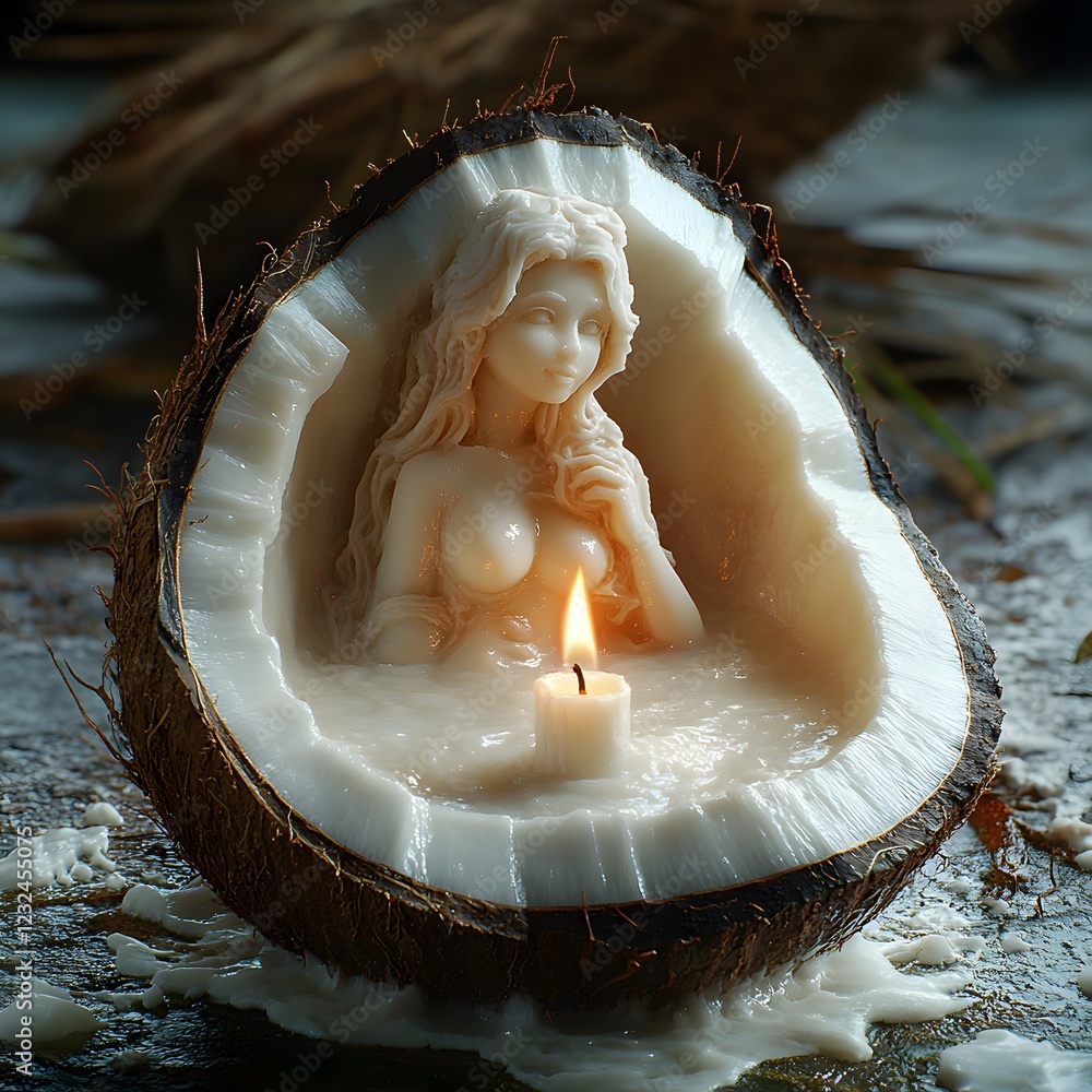 Poster hyperrealistic closeup rendering of a coconut halved vertically with the milk shaped into a woman fi