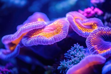 Underwater coral reef with vibrant abstract designs, where the corals glow in neon 