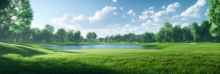 A lovely green meadow with green grass, towering trees and a serene lake in the background