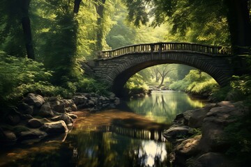 Fototapeta premium Sunlight filters through trees, illuminating a stone bridge arching over a tranquil river flowing through a vibrant green forest