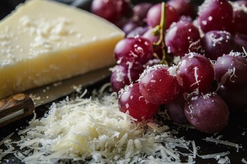 Grated parmesan and red grapes create an elegant pairing on a dark table, ready for a cheese platter or culinary creation