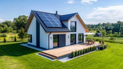Fototapeta premium Modern Eco-Friendly House with Solar Panels and Green Landscape