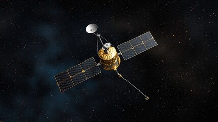 Satellite deployment in deep space transmitting data outer space science aerial view advanced technology