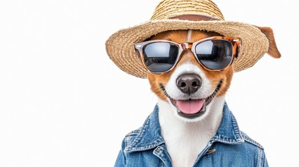 Happy Dog in Sunglasses and Straw Hat, Summer Vibes, Smiling