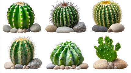 Variety of Cacti with Rock Arrangement in Bright Background