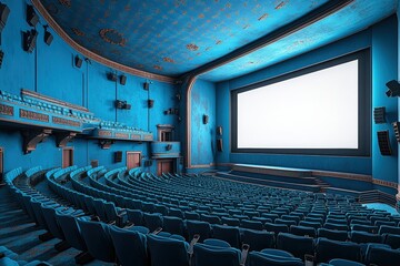 Naklejka premium Large projection screen in a dimly lit theater with empty seats ready for a movie screening