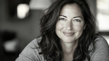 Naklejka premium Monochrome portrait of woman smiling at camera softly.