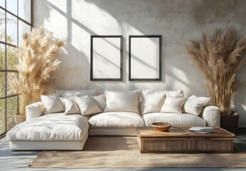 Sunlit living room interior with off white sectional sofa, wooden coffee table, pampas grass decor, and two blank frames against a textured wall