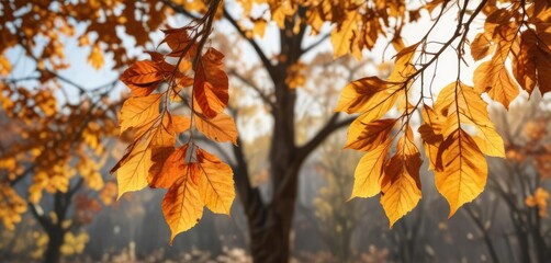 Fototapeta premium Dried and withered leaves clinging to branches in a warm sunlight , sunlight, textures, warm