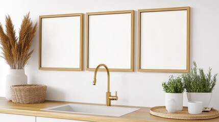 Modern Minimalist Kitchen with Empty Frames and Indoor Plants