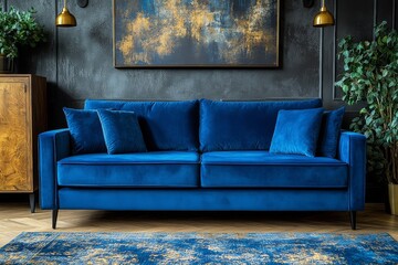 Blue velvet double sofa bed with black legs in front of elegant wooden cabinet, gold and silver accessories, luxurious atmosphere.