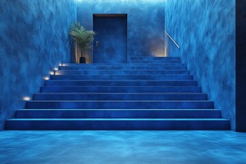 Fototapeta premium Blue staircase with a green plant positioned in the center of the steps leading upwards indoors