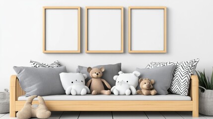 Cozy Living Room with Teddy Bears and Empty Picture Frames