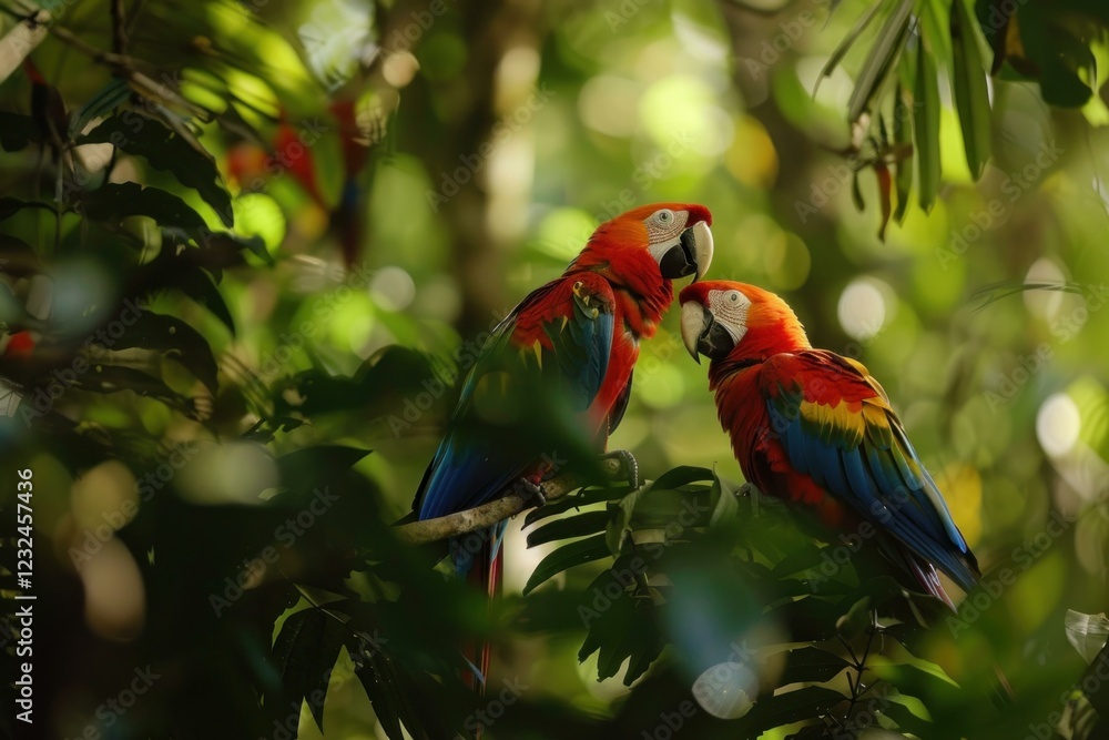 Poster couple of colorful scarlet macaws showing affection while perching on a branch inside a green rainfo