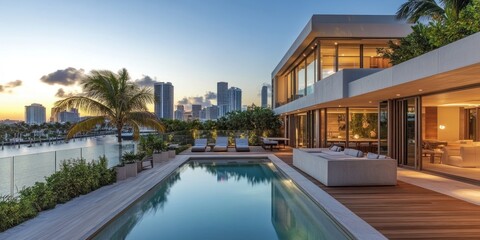 Obraz premium Luxury Waterfront Villa at Sunset: Miami Skyline View
