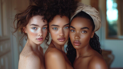 Obraz premium Stunning portrait of three diverse women with glowing skin, showcasing natural beauty, elegance and confidence in soft, natural lighting.