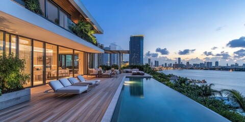 Fototapeta premium Luxury Waterfront Mansion at Dusk: Miami Skyline View