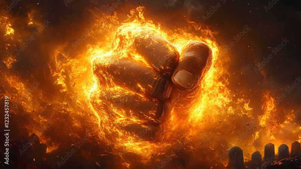 Poster hyperrealistic depiction of a fist rising from the earth energetic flames illuminating the scene aga