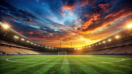 Soccer Field at Sunset with Stadium in Background, atmospheric stadium backdrop, night sports field