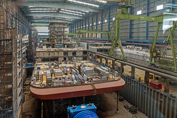 Shipbuilding in the factory hall of Meyer Werft, Germany's largest shipyard, Papenburg, Germany