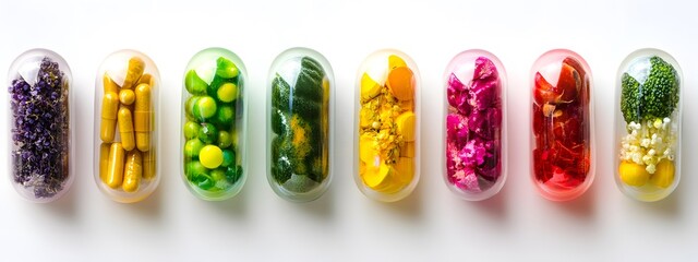 A row of colorful multivitamin capsules filled with fruits and vegetables
