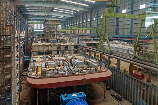 Shipbuilding in the factory hall of Meyer Werft, Germany's largest shipyard, Papenburg, Germany