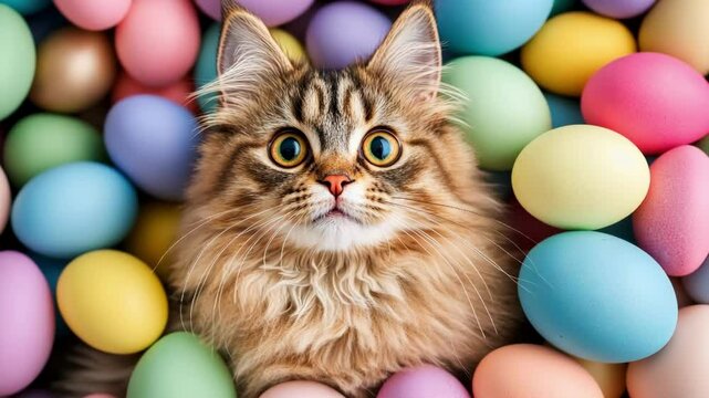Fluffy cat nestled among colorful easter eggs