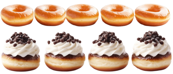 2 rows of donuts: rounded with frosting and whipped cream & chocolate crisps isolated over transparent (white) background