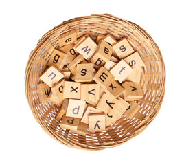 plate with wooden letters on white background