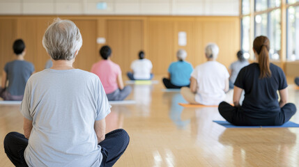 Fototapeta premium Elderly individuals practicing yoga in serene studio environment, promoting wellness and mindfulness