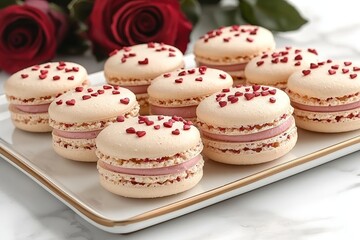 Fototapeta premium Sweet treats are elevated with a selection of colorful macarons featuring heart-shaped sprinkles, perfect for special occasions