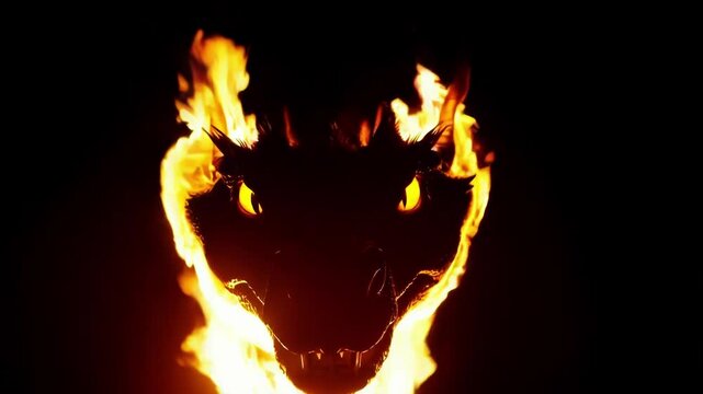 Fierce dragon head with glowing, intense eyes materializing through raging flames against stark black backdrop, embodying raw mythical power and primal danger