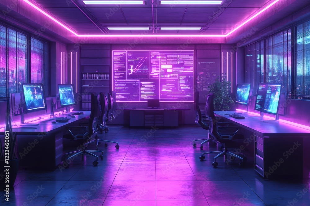 Aufkleber office room filled with multiple computers and large windows providing natural light
