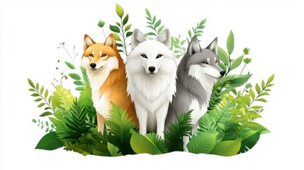 Trio of Wolves Standing Together in a Lush Green Forest Environment