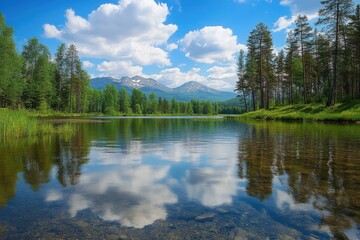 Majestic landscape of serene lake surrounded by green trees and mountains on a bright day