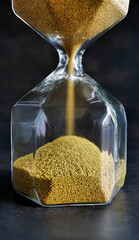 Close up transparent Hourglass with Falling golden Sand in dark background, Every second count,...