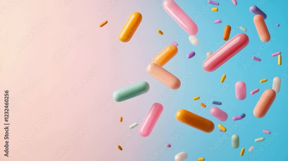 Poster colorful pills of various sizes are levitating against a vibrant gradient backdrop, creating a visua