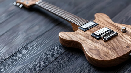 Fototapeta premium Wooden electric guitar on dark wood floor