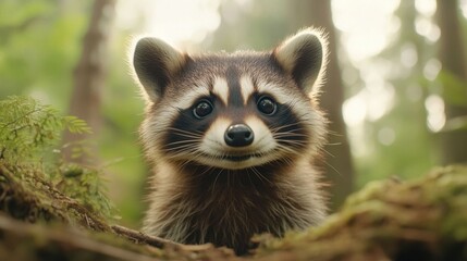 Fototapeta premium Adorable Raccoon Smiling Amid Forest Greenery and Natural Light