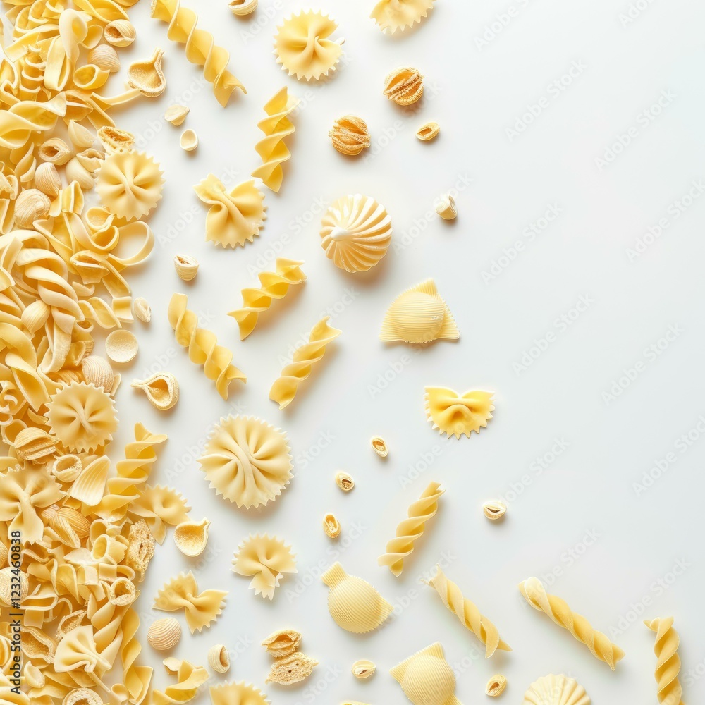 Poster different types of pasta creating a decorative border on a white background, offering a visually app