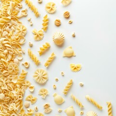 Obraz premium Different types of pasta creating a decorative border on a white background, offering a visually appealing culinary scene