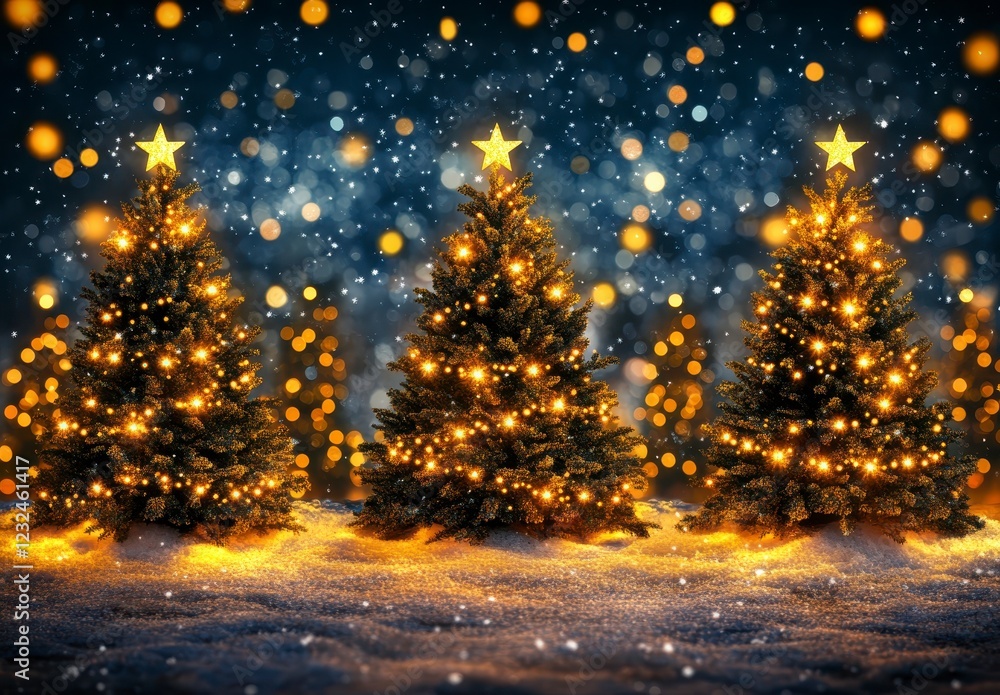 Poster three illuminated christmas trees covered in snow stand against a bokeh background of twinkling ligh