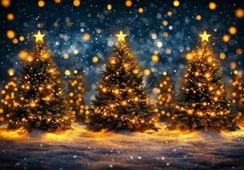 Three illuminated Christmas trees covered in snow stand against a bokeh background of twinkling lights and falling snow. Warm light illuminates the