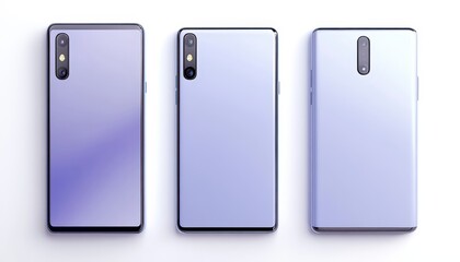 Three lavender smartphones arranged on a white background. Each phone features a subtle gradient and a single rear camera. Clean and minimalist